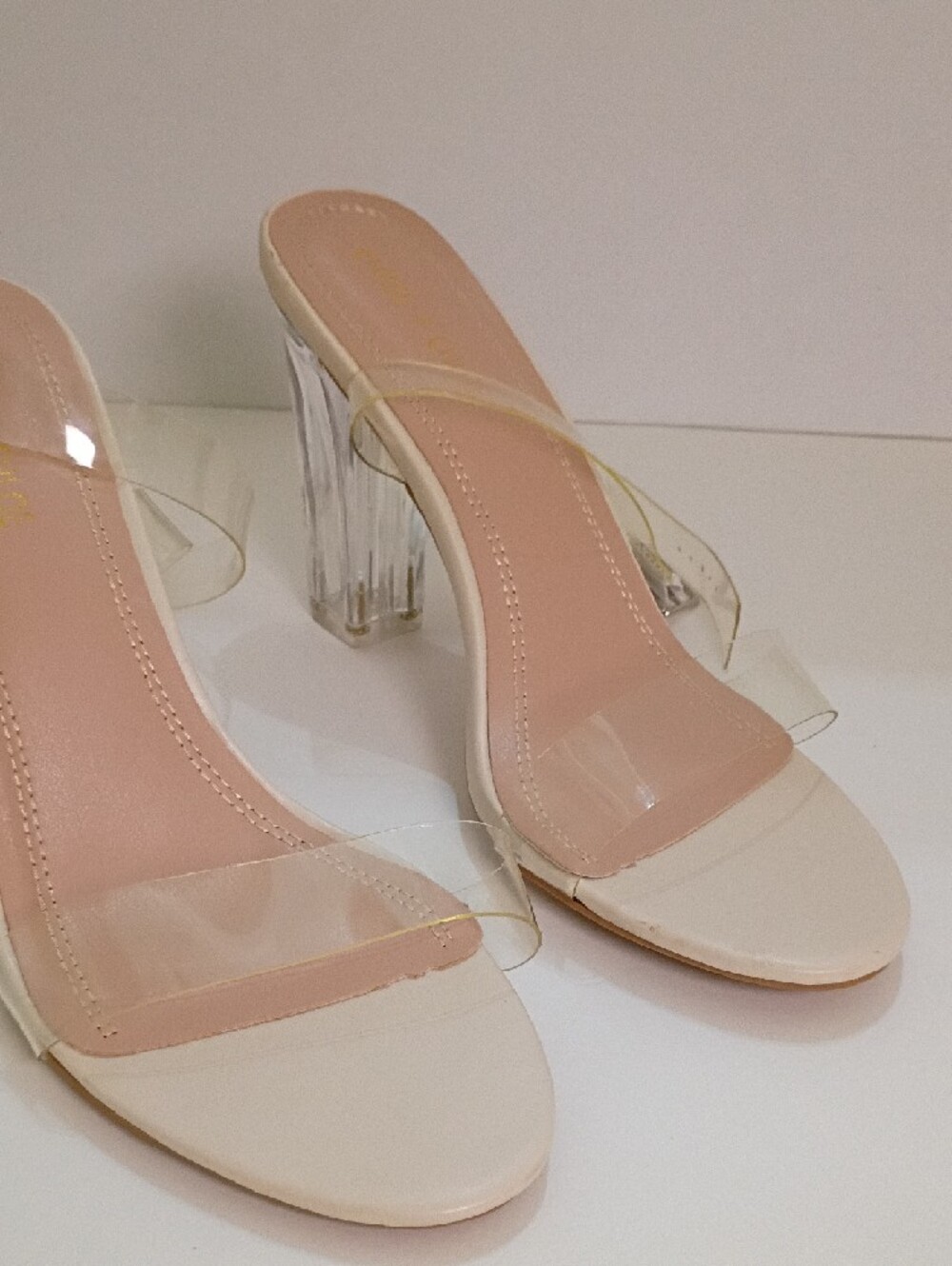 Cream Clear Strap Block Heel Mules - Picture 3 of 7